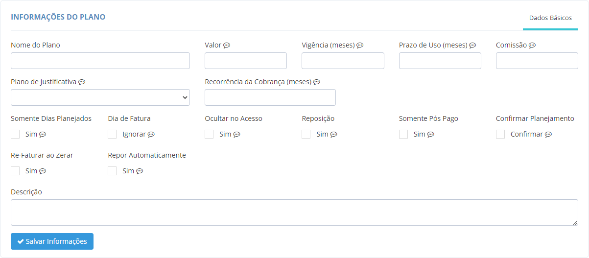 Tela de Dados Básicos do Plano